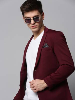 Men's Notched Lapel Solid Burgundy Open Front Blazer 1