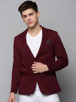 Men's Notched Lapel Solid Burgundy Open Front Blazer 2