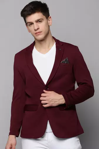 Men's Notched Lapel Solid Burgundy Open Front Blazer