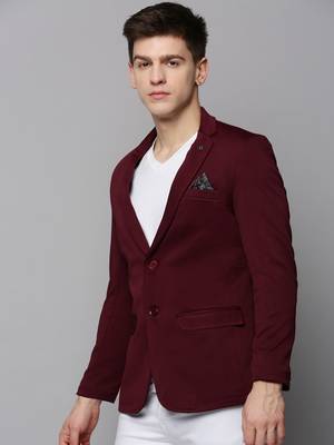 Men's Notched Lapel Solid Burgundy Open Front Blazer 3