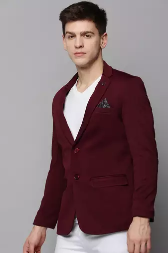 Men's Notched Lapel Solid Burgundy Open Front Blazer