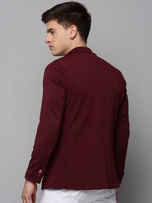 Men's Notched Lapel Solid Burgundy Open Front Blazer 4