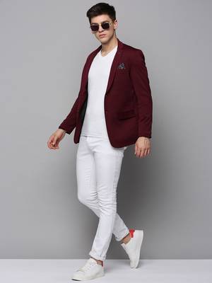 Men's Notched Lapel Solid Burgundy Open Front Blazer 5