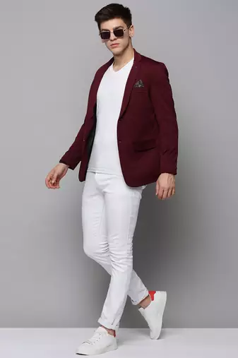 Men's Notched Lapel Solid Burgundy Open Front Blazer