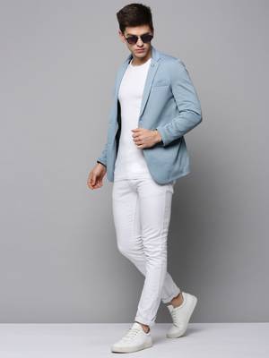 SHOWOFF Men's Notched Lapel Solid Blue Open Front Blazer 5