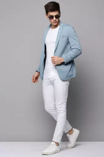 SHOWOFF Men's Notched Lapel Solid Blue Open Front Blazer