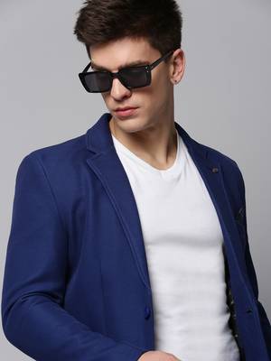 Men's Notched Lapel Solid Blue Open Front Blazer 1