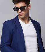 Men's Notched Lapel Solid Blue Open Front Blazer