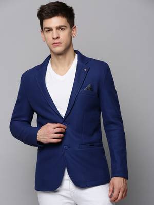 Men's Notched Lapel Solid Blue Open Front Blazer 2