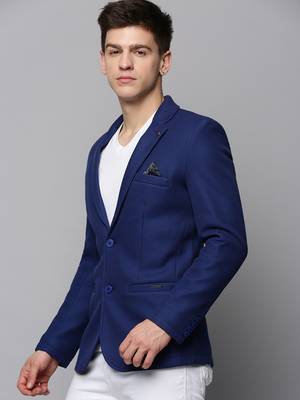 Men's Notched Lapel Solid Blue Open Front Blazer 3