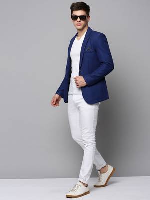 Men's Notched Lapel Solid Blue Open Front Blazer 5