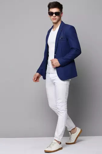 Men's Notched Lapel Solid Blue Open Front Blazer