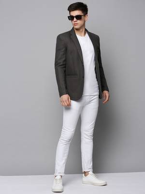 Men's Notched Lapel Solid Grey Open Front Blazer 5
