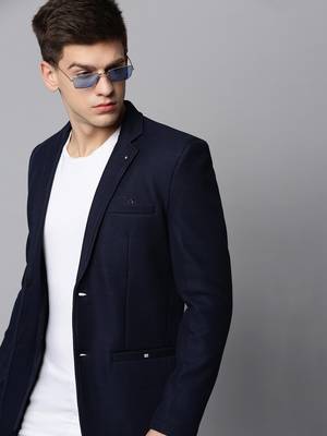 SHOWOFF Men's Notched Lapel Solid Navy Blue Open Front Blazer 1