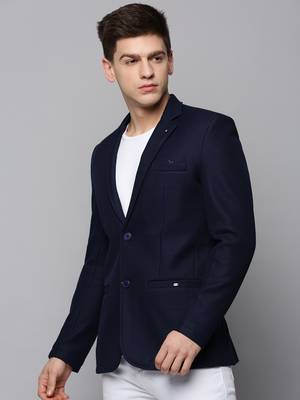 SHOWOFF Men's Notched Lapel Solid Navy Blue Open Front Blazer 3