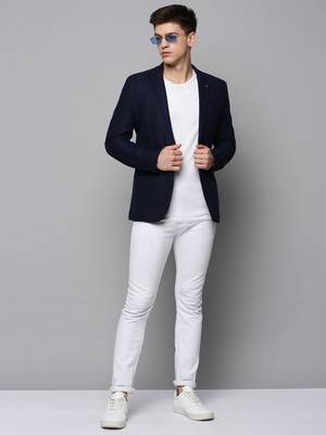 SHOWOFF Men's Notched Lapel Solid Navy Blue Open Front Blazer 5