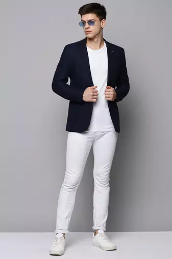 SHOWOFF Men's Notched Lapel Solid Navy Blue Open Front Blazer