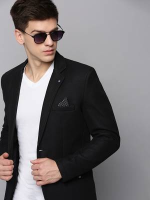 Men's Notched Lapel Solid Black Open Front Blazer 1