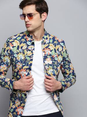 SHOWOFF Men's Printed Mandarin Collar Blue Bandhgala Blazer 1