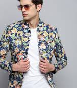SHOWOFF Men's Printed Mandarin Collar Blue Bandhgala Blazer