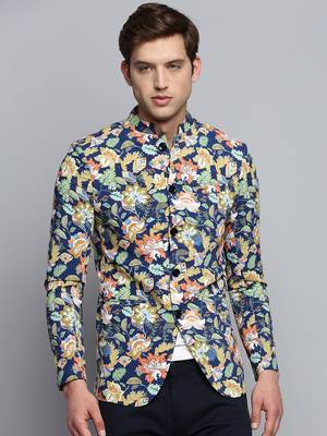 SHOWOFF Men's Printed Mandarin Collar Blue Bandhgala Blazer 2