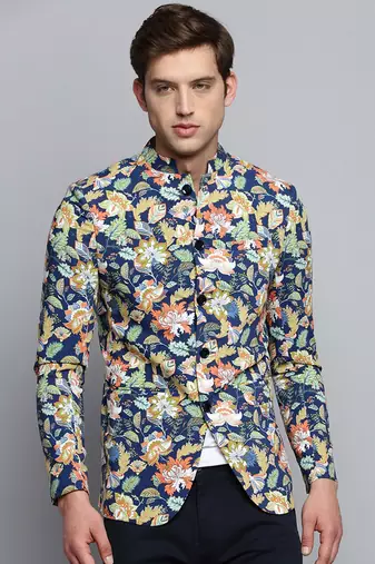 SHOWOFF Men's Printed Mandarin Collar Blue Bandhgala Blazer