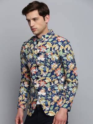 SHOWOFF Men's Printed Mandarin Collar Blue Bandhgala Blazer 3
