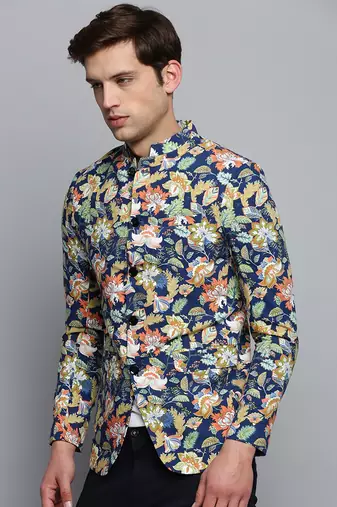 SHOWOFF Men's Printed Mandarin Collar Blue Bandhgala Blazer