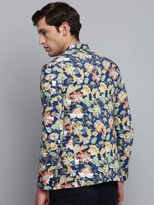 SHOWOFF Men's Printed Mandarin Collar Blue Bandhgala Blazer 4