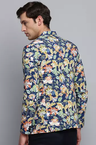 SHOWOFF Men's Printed Mandarin Collar Blue Bandhgala Blazer