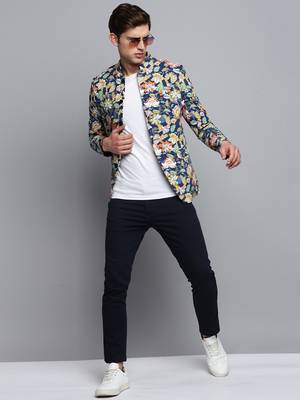 SHOWOFF Men's Printed Mandarin Collar Blue Bandhgala Blazer 5
