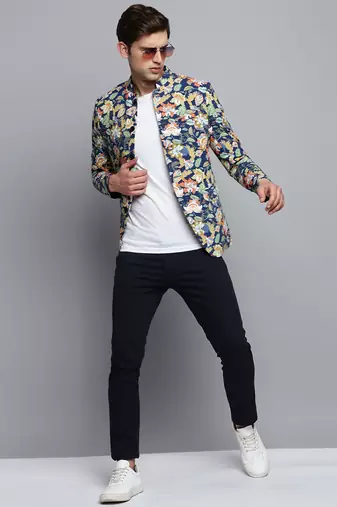 SHOWOFF Men's Printed Mandarin Collar Blue Bandhgala Blazer
