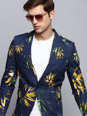 Men's Printed Notched Lapel Navy Blue Single-Breasted Blazer 1