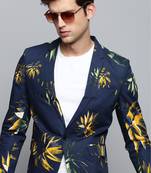 Men's Printed Notched Lapel Navy Blue Single-Breasted Blazer