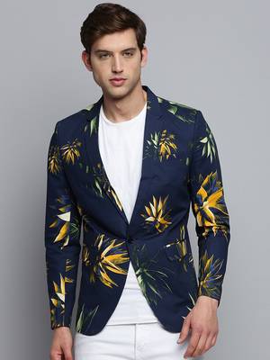 Men's Printed Notched Lapel Navy Blue Single-Breasted Blazer 2