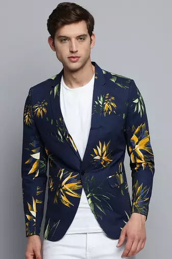 Men's Printed Notched Lapel Navy Blue Single-Breasted Blazer
