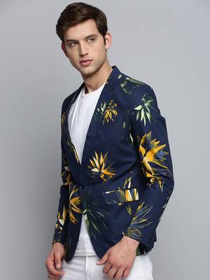 Men's Printed Notched Lapel Navy Blue Single-Breasted Blazer 3