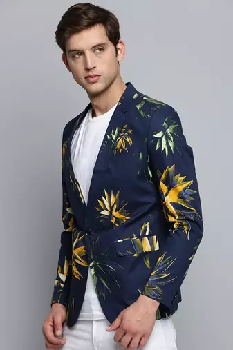 Men's Printed Notched Lapel Navy Blue Single-Breasted Blazer