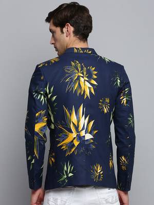 Men's Printed Notched Lapel Navy Blue Single-Breasted Blazer 4