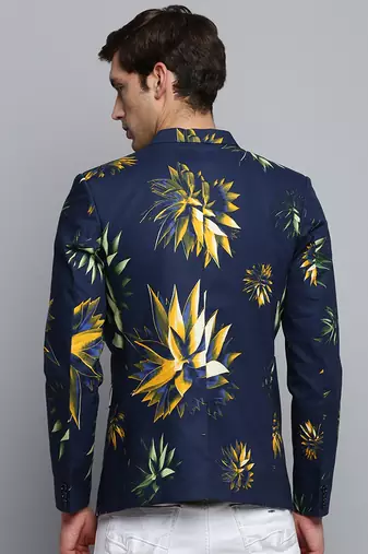 Men's Printed Notched Lapel Navy Blue Single-Breasted Blazer