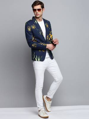 Men's Printed Notched Lapel Navy Blue Single-Breasted Blazer 5