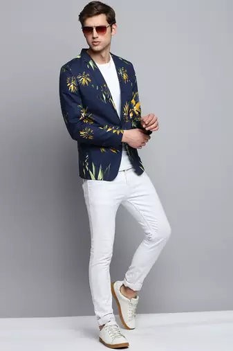 Men's Printed Notched Lapel Navy Blue Single-Breasted Blazer