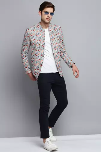Men's Printed Mandarin Collar Multi Bandhgala Blazer