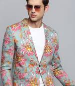 Men's Printed Notched Lapel Sea Green Single-Breasted Blazer
