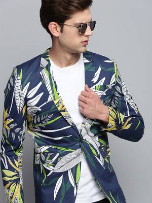 SHOWOFF Men's Printed Notched Lapel Navy Blue Single-Breasted Blazer 1
