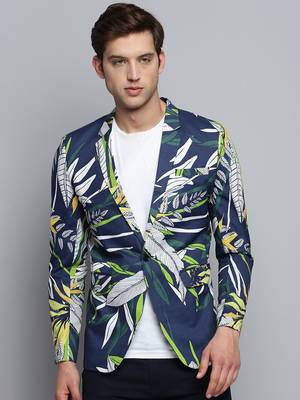 SHOWOFF Men's Printed Notched Lapel Navy Blue Single-Breasted Blazer 2