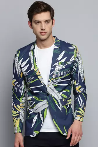SHOWOFF Men's Printed Notched Lapel Navy Blue Single-Breasted Blazer