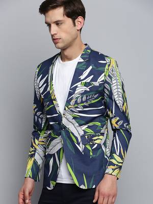 SHOWOFF Men's Printed Notched Lapel Navy Blue Single-Breasted Blazer 3