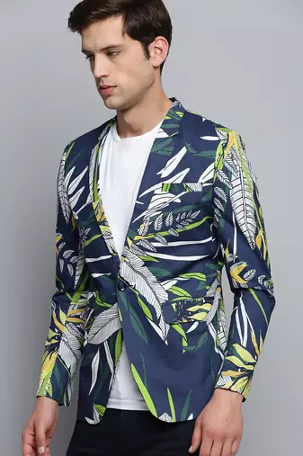 SHOWOFF Men's Printed Notched Lapel Navy Blue Single-Breasted Blazer