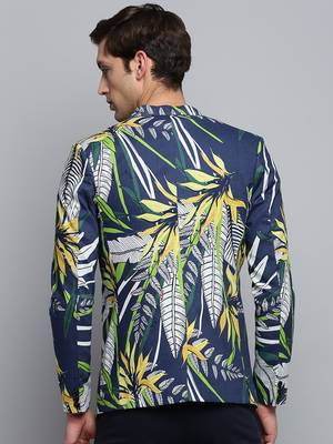 SHOWOFF Men's Printed Notched Lapel Navy Blue Single-Breasted Blazer 4